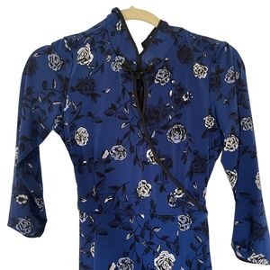 Traditional Chinese Qipao dress midi Navy and black white floral China size 6